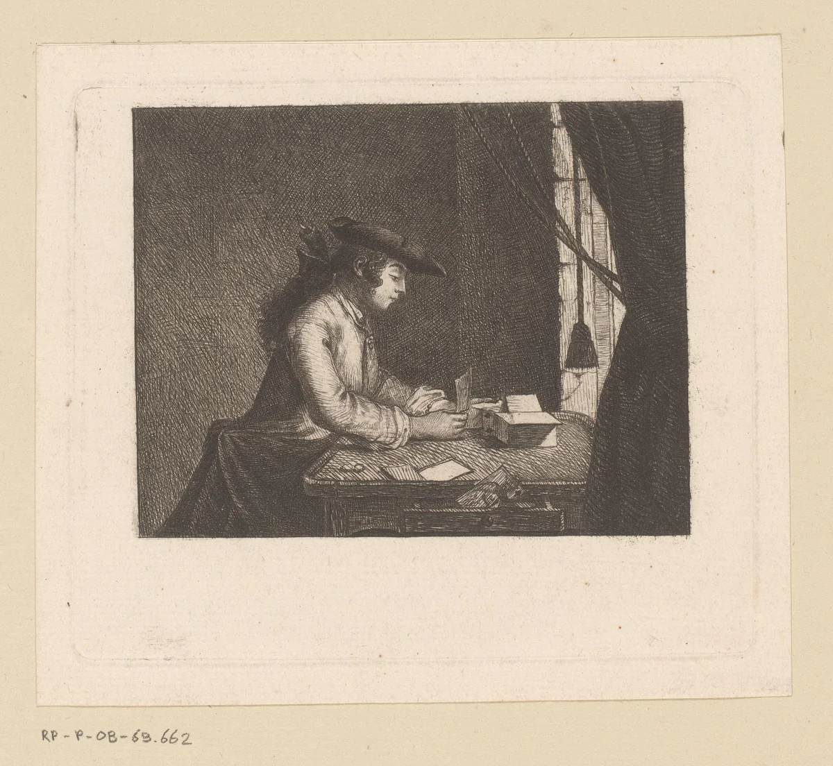 Jongeman aan een tafel bouwt een kaartenhuis by Antoine de Marcenay de Ghuy, print, 1734-1811