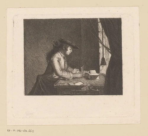 Jongeman aan een tafel bouwt een kaartenhuis by Antoine de Marcenay de Ghuy, print, 1734-1811