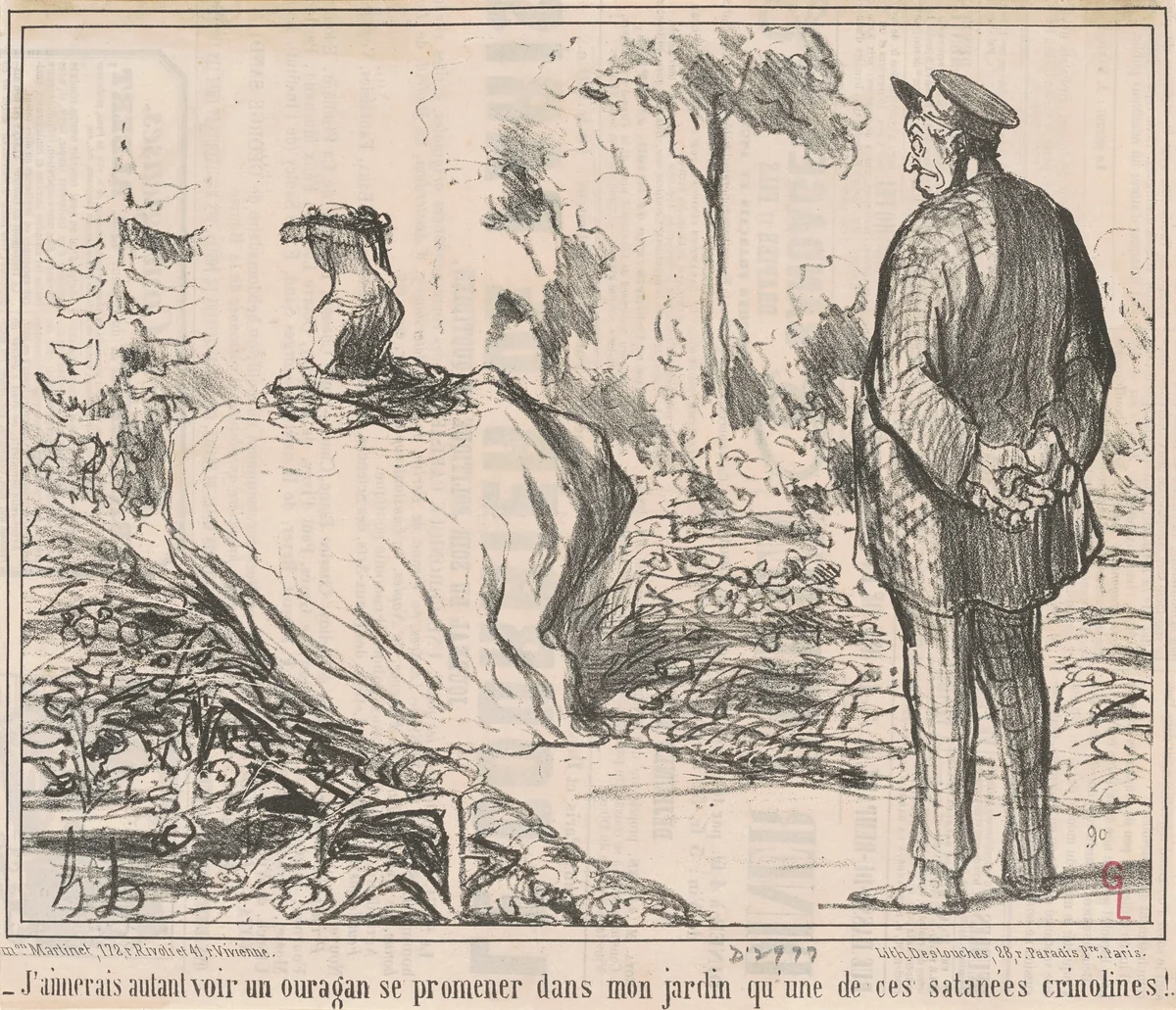 J'aimerais autant voir un ouragan se promener dans mon jardin qu'une de ces satanées crinolines! by Honoré Daumier, print, 1857