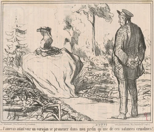 J'aimerais autant voir un ouragan se promener dans mon jardin qu'une de ces satanées crinolines! by Honoré Daumier, print, 1857