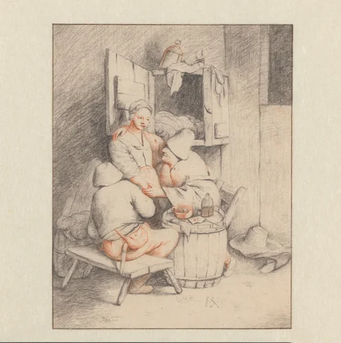 Man die een jonge waardin aanhaalt by anonymous, drawing, 1641-1700