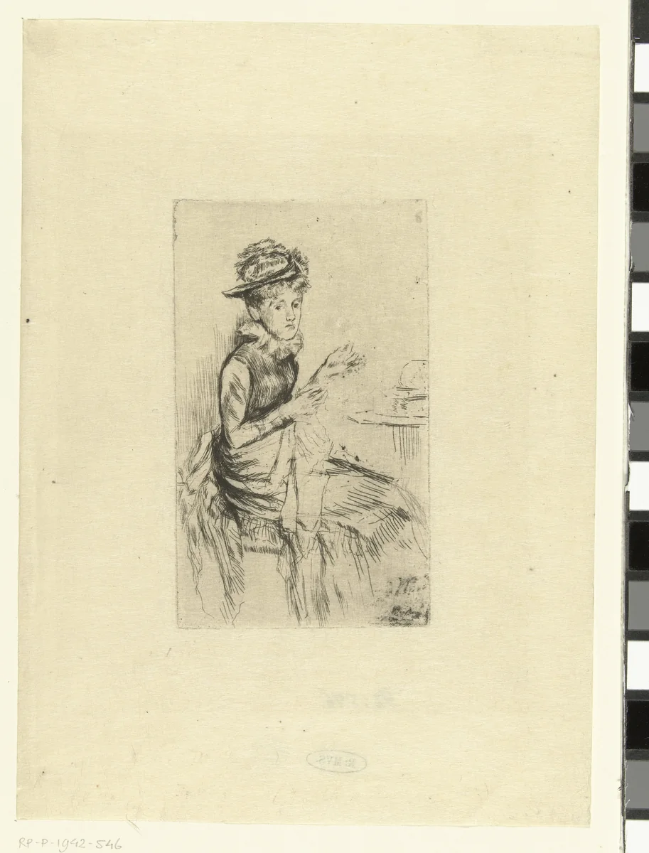 Vrouw bezig met handwerken by James Abbott McNeill Whistler, print, 1873