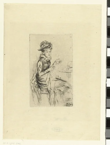 Vrouw bezig met handwerken by James Abbott McNeill Whistler, print, 1873
