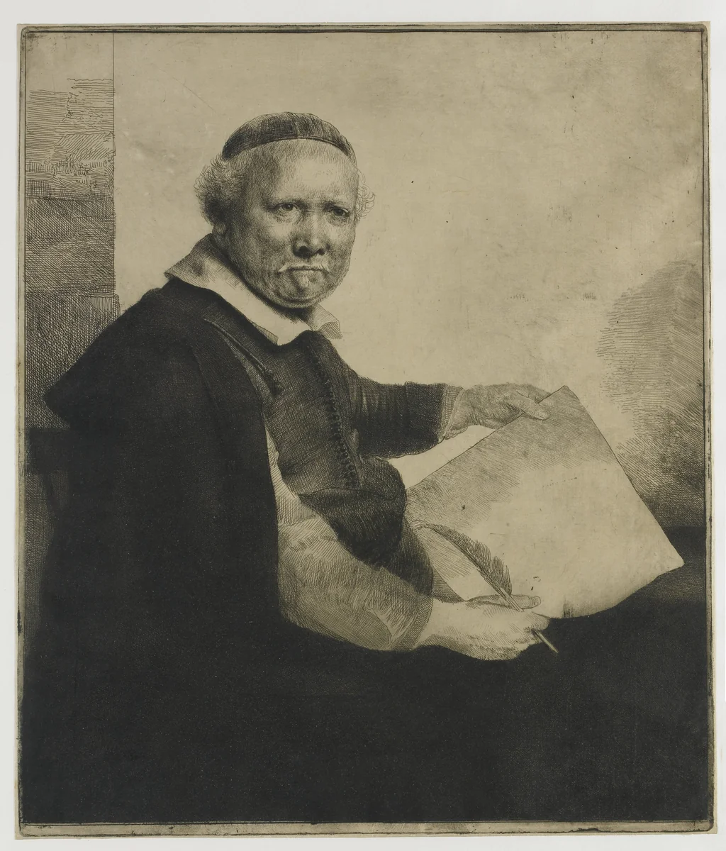 Lieven Willemsz. van Coppenol, writing master: the larger plate by Rembrandt van Rijn, print, 1658