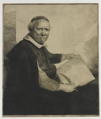 Lieven Willemsz. van Coppenol, writing master: the larger plate by Rembrandt van Rijn, print, 1658