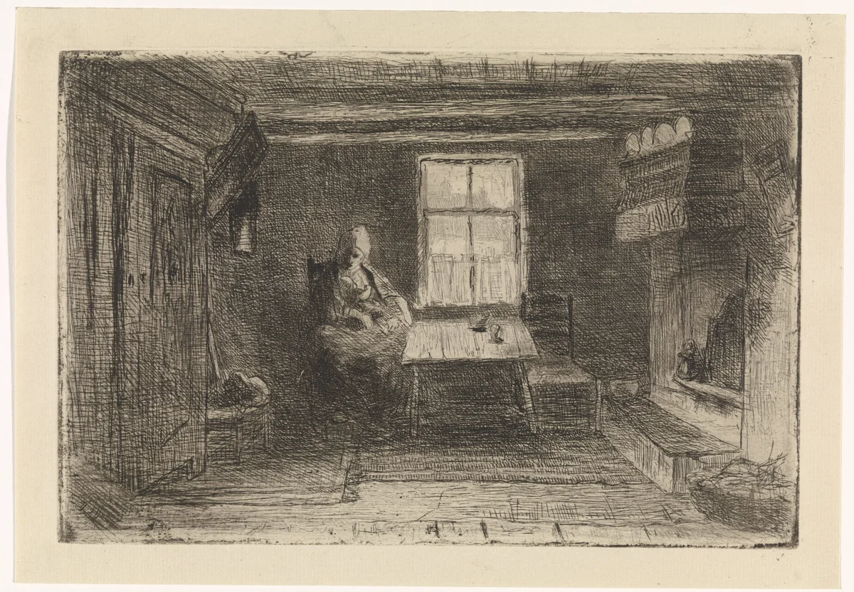 Interieur met moeder en kind by Jozef Israëls, print, 1835-1910