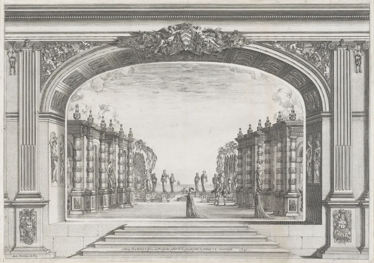 Vierde acte van 'Mirame' met vier acteurs by Stefano della Bella, print, 1641