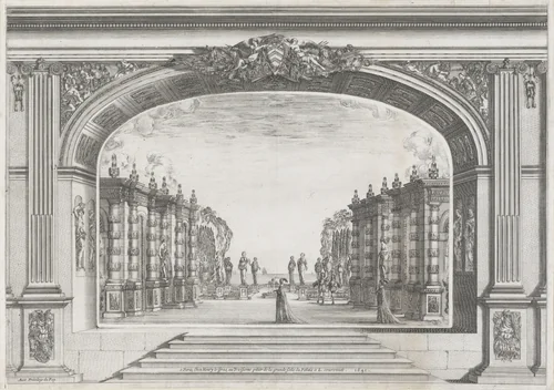 Vierde acte van 'Mirame' met vier acteurs by Stefano della Bella, print, 1641