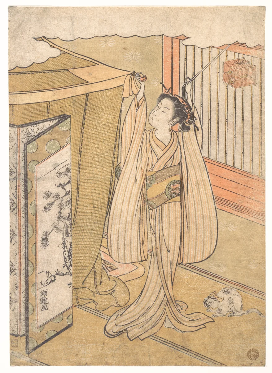 A Girl Hanging up a Mosquito Net Canopy over Her Bed. by Isoda Koryūsai, print, 1760-1780