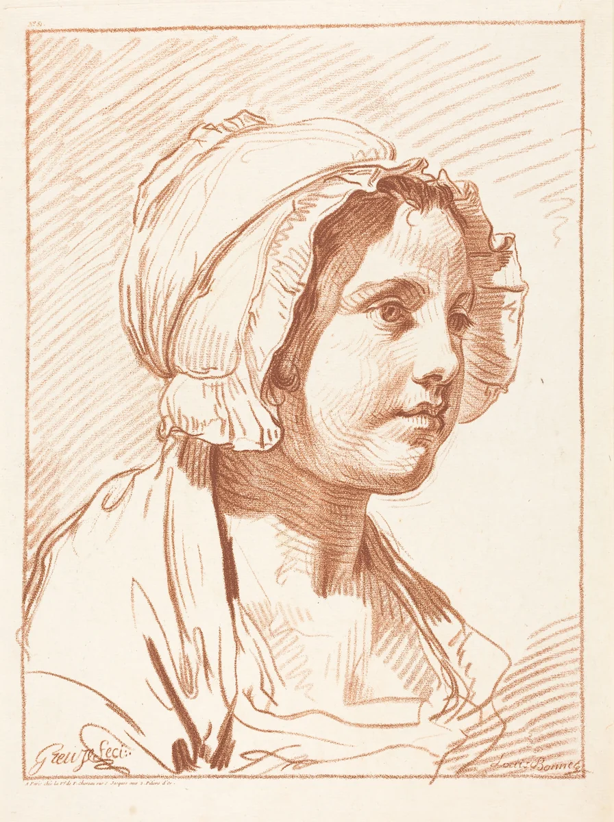 Head of a Young Woman Wearing a Cap by Louis-Marin Bonnet; Jean-Baptiste Greuze, print, 1736-1793