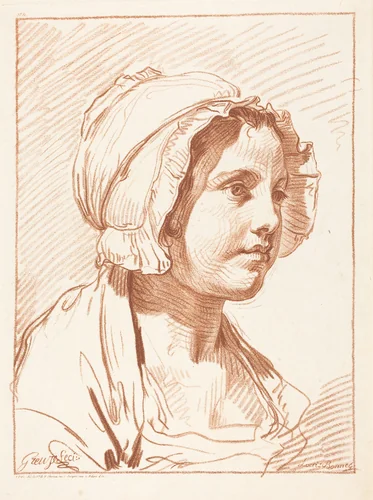 Head of a Young Woman Wearing a Cap by Louis-Marin Bonnet; Jean-Baptiste Greuze, print, 1736-1793