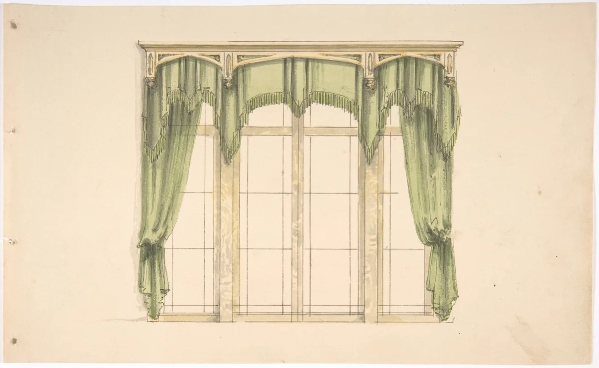 Design for Green Curtains with Green Fringes and a Gold Pediment by anonymous, drawing, 1800-1850