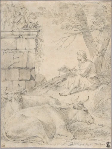 Artist Drawing in an Italianate Landscape by Jan van Ossenbeeck, drawing, 1619-1674