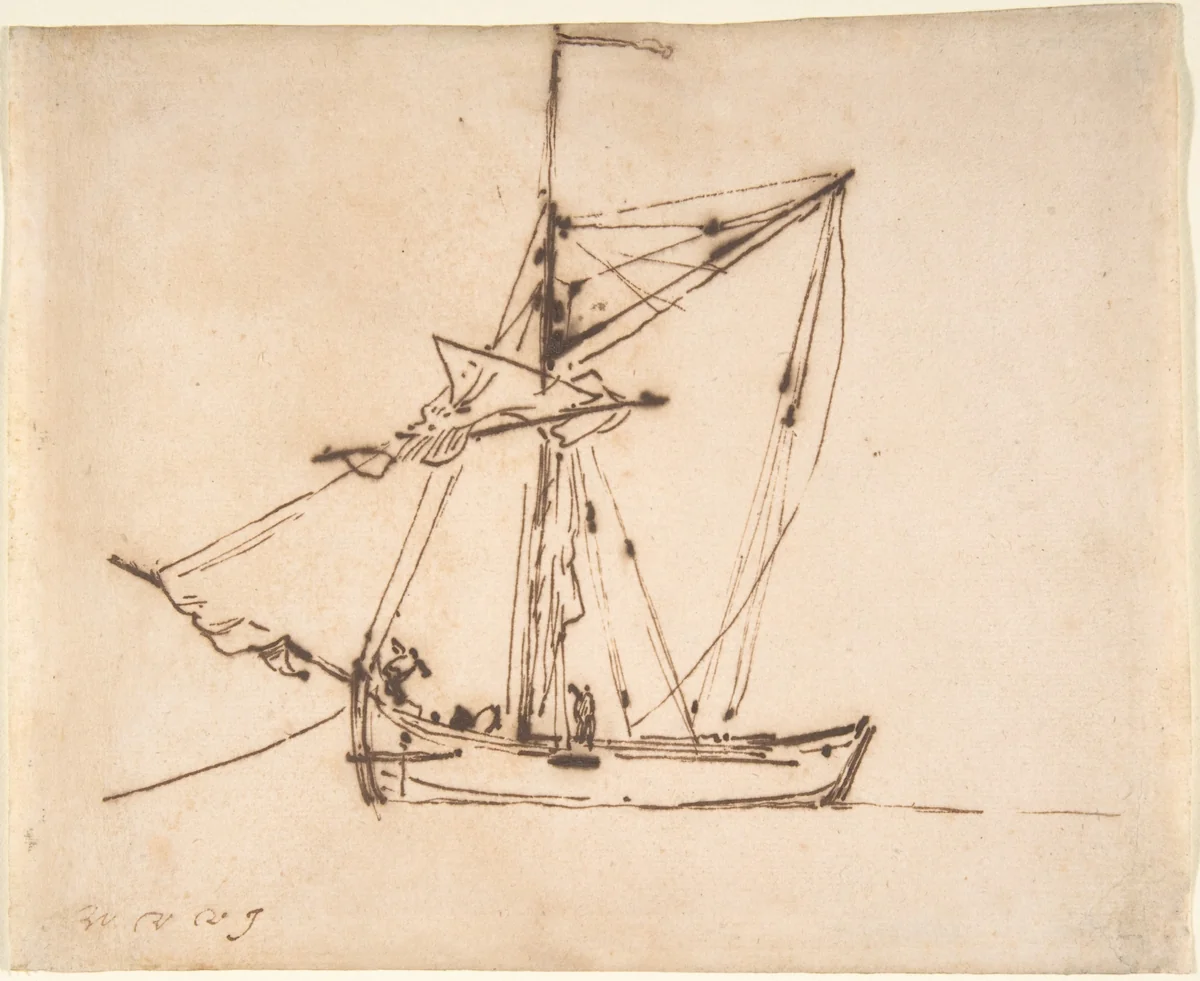 Sketch of a Sailboat by Willem van de Velde II, drawing, 1648-1707