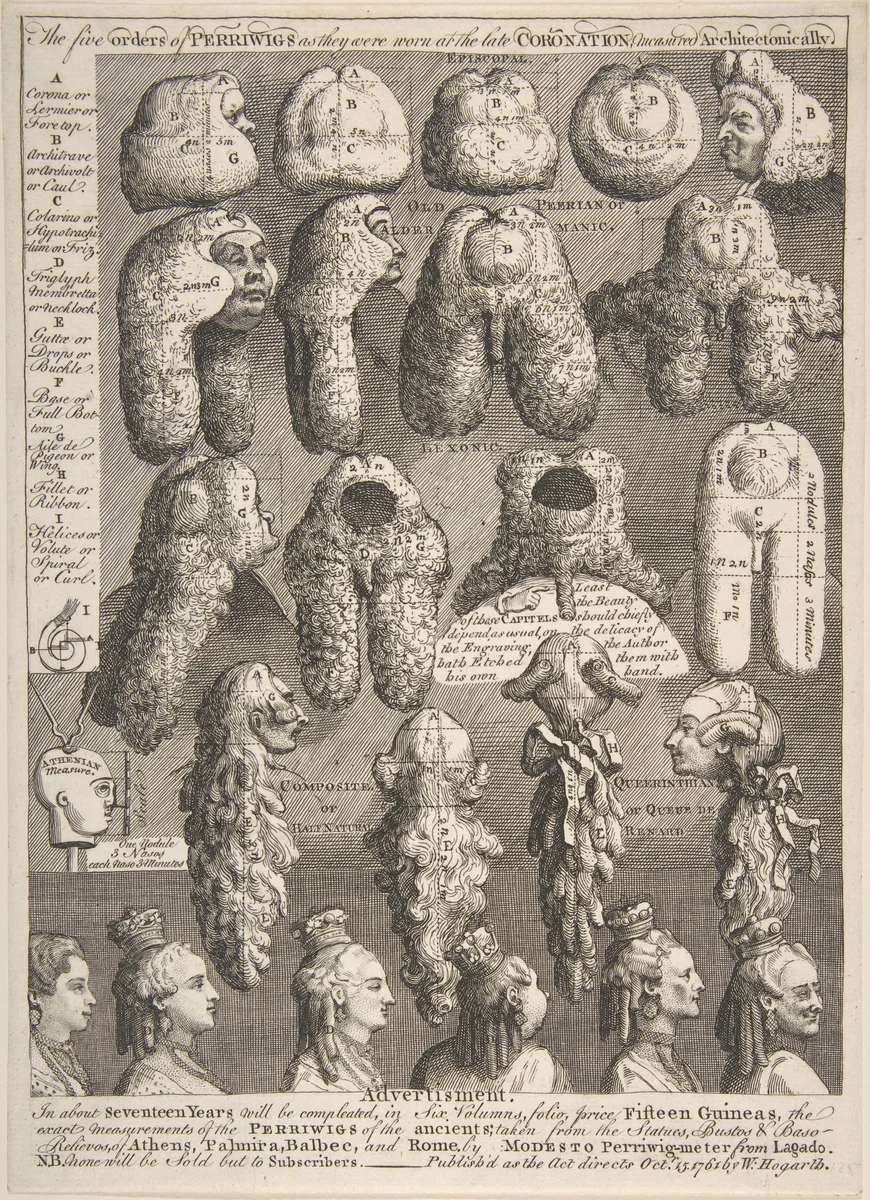 The Five Orders of Periwigs by William Hogarth, print, 1761