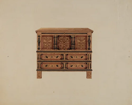 Two Drawer Sunflower Chest - front view by Martin Partyka, index of american design, 1936