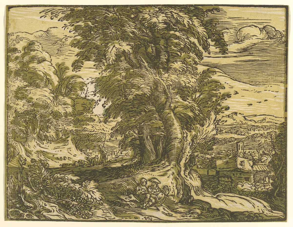 Landscape with Seated Couple by Hendrick Goltzius, print, 1595-1610