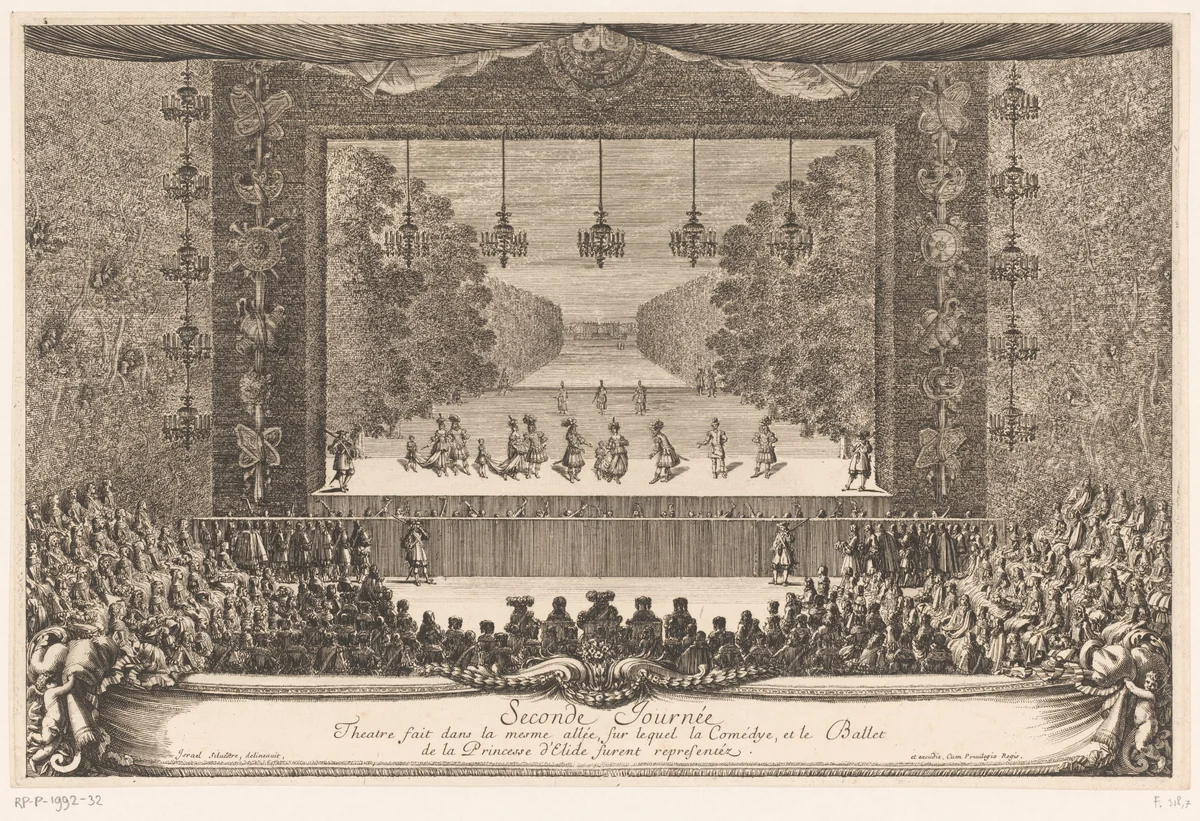 Koning Lodewijk XIV en zijn gezelschap in een theater in Versailles by Jean Lepautre, print, 1664