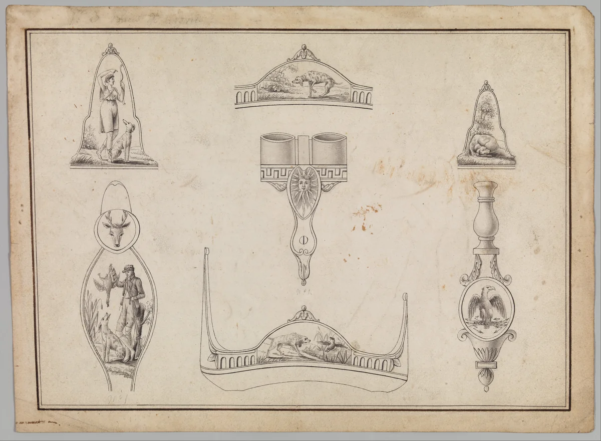 Drawing with Seven Designs for Firearms Ornament by Jean-Francois Lucas, drawing, 1806