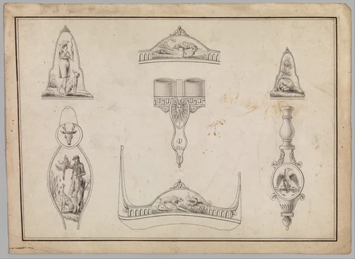 Drawing with Seven Designs for Firearms Ornament by Jean-Francois Lucas, drawing, 1806