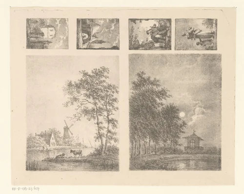 Zes voorstellingen waaronder landschappen, stadsgezichten en figuren. by Pieter Bartholomeusz. Barbiers, print, 1809-1837