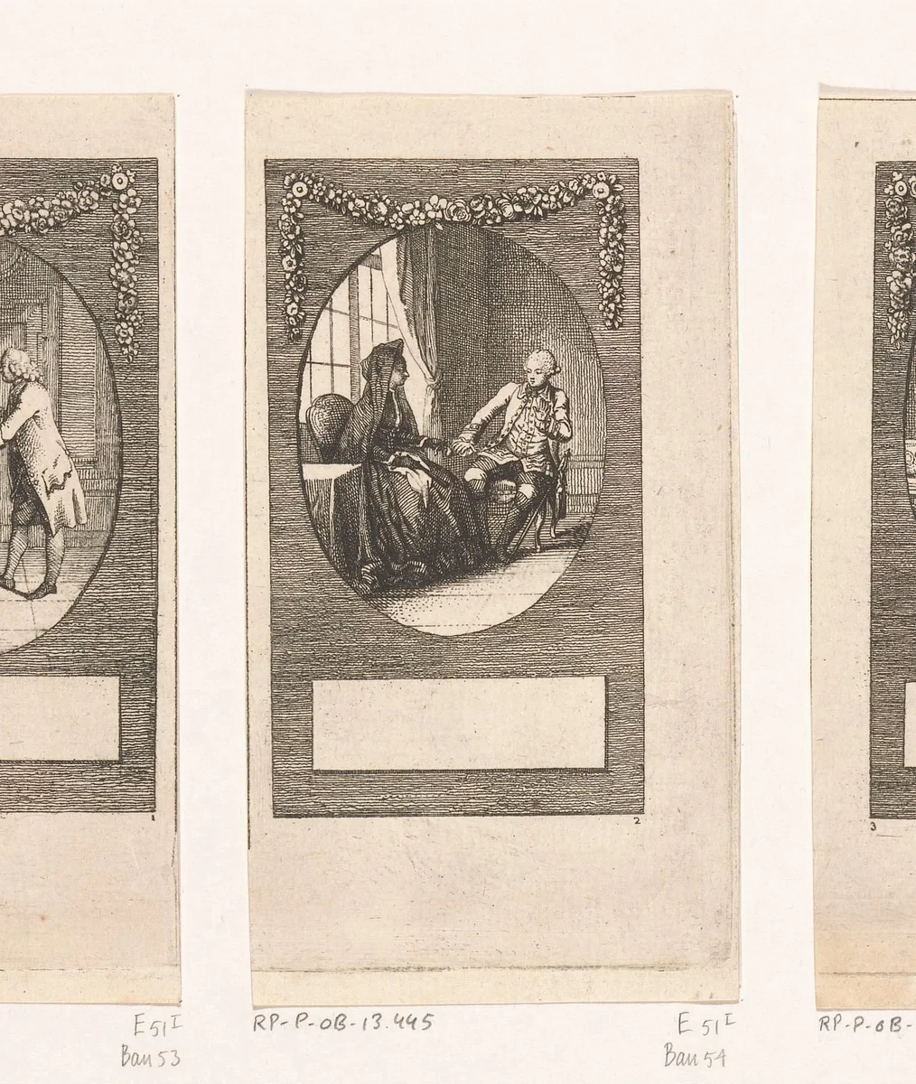 Major von Tellheim en de weduwe Marloff by Daniel Nikolaus Chodowiecki, print, 1769