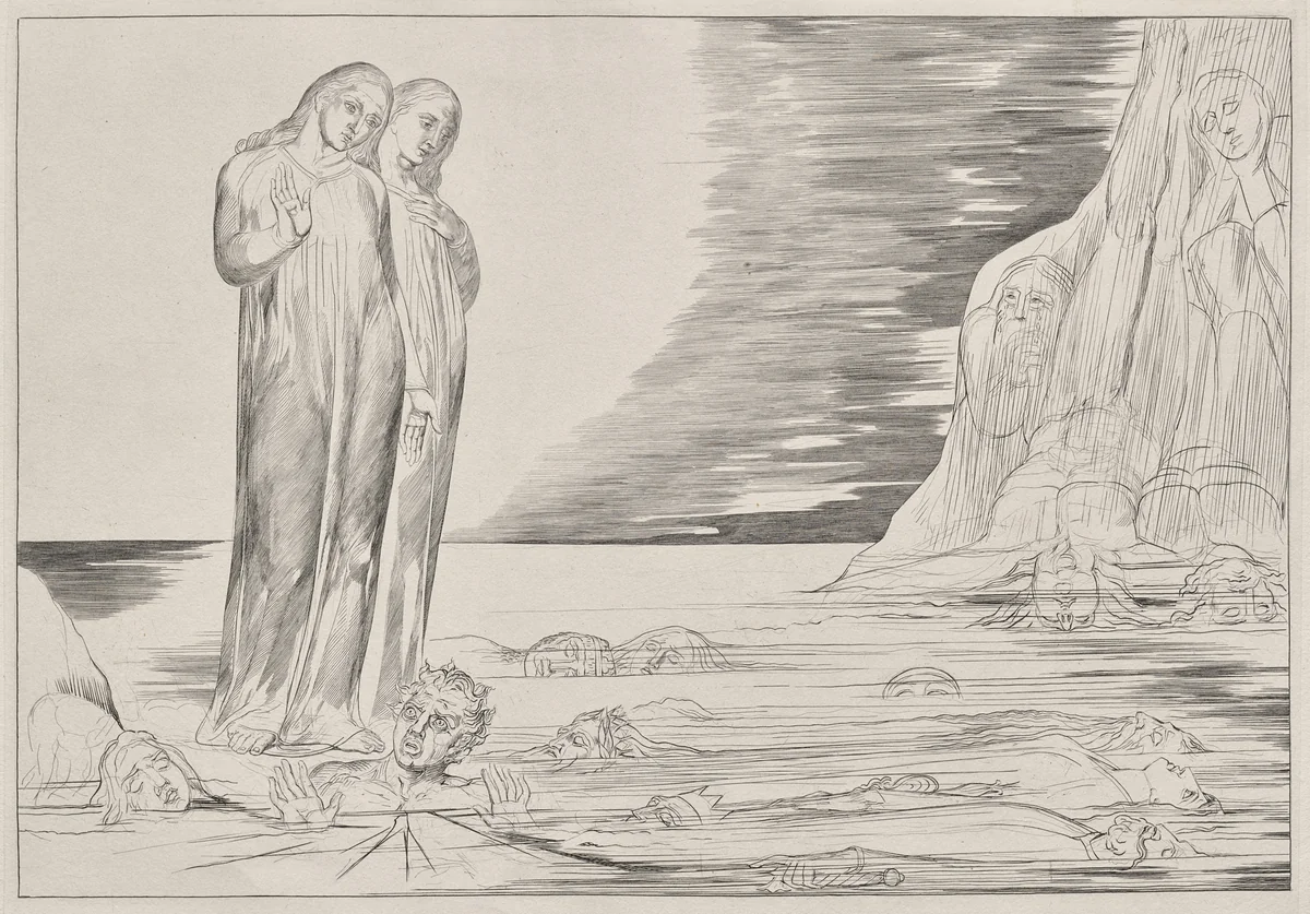 The Circle of the Traitors: Dante's Foot Strriking Bocca degli Abbate, from Dante's Inferno, Canto XXXII Illustration to Dante's The Divine Comedy by William Blake, print, 1827