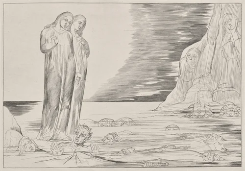 The Circle of the Traitors: Dante's Foot Strriking Bocca degli Abbate, from Dante's Inferno, Canto XXXII Illustration to Dante's The Divine Comedy by William Blake, print, 1827