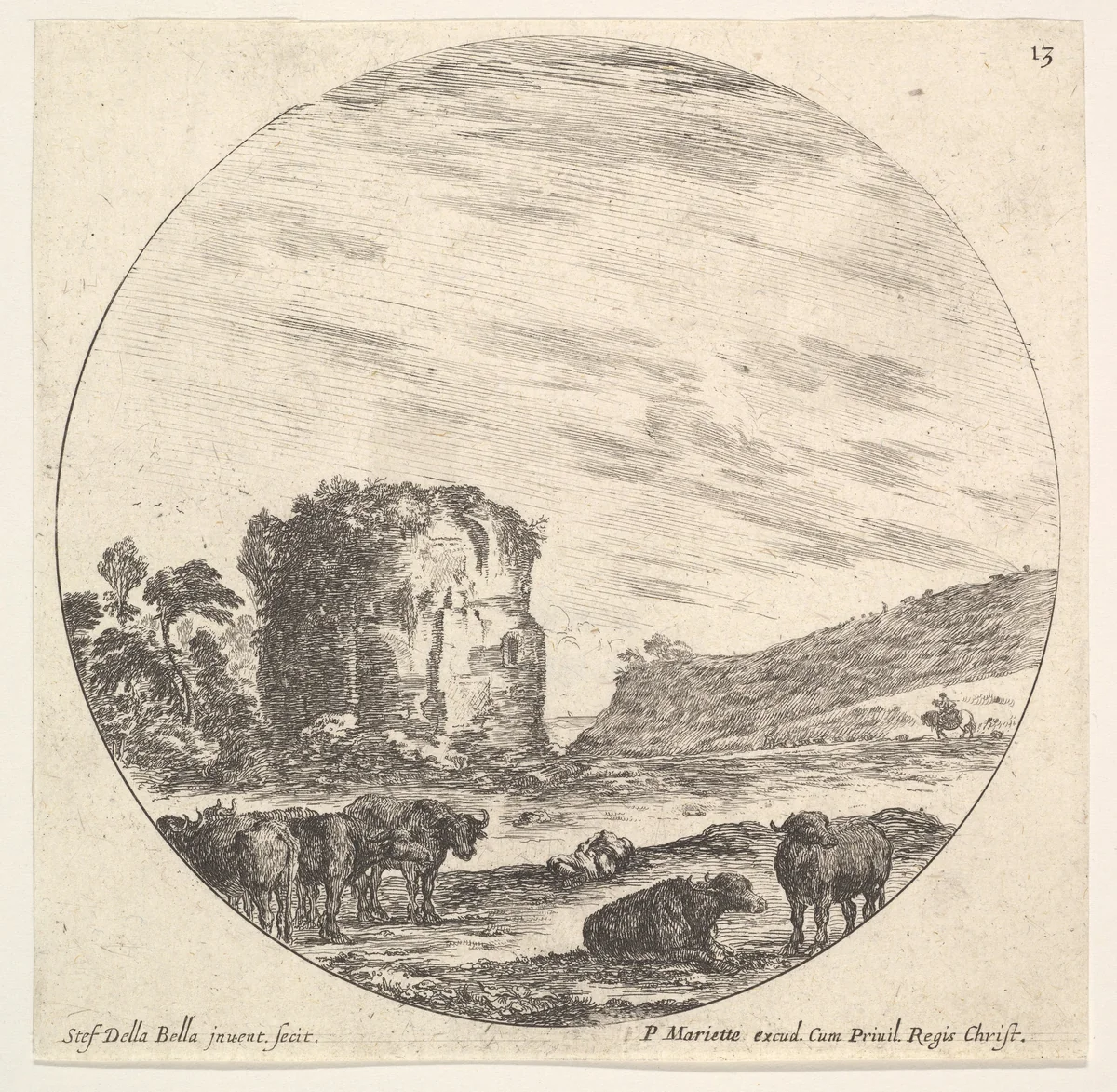 Plate 13: ruins of an ancient temple in the background, a herd of cows in the foreground, from "Roman landscapes and ruins" (Paysages et ruines de Rome) by Stefano della Bella, print, 1643-1648
