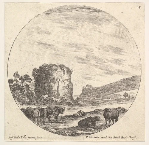 Plate 13: ruins of an ancient temple in the background, a herd of cows in the foreground, from "Roman landscapes and ruins" (Paysages et ruines de Rome) by Stefano della Bella, print, 1643-1648