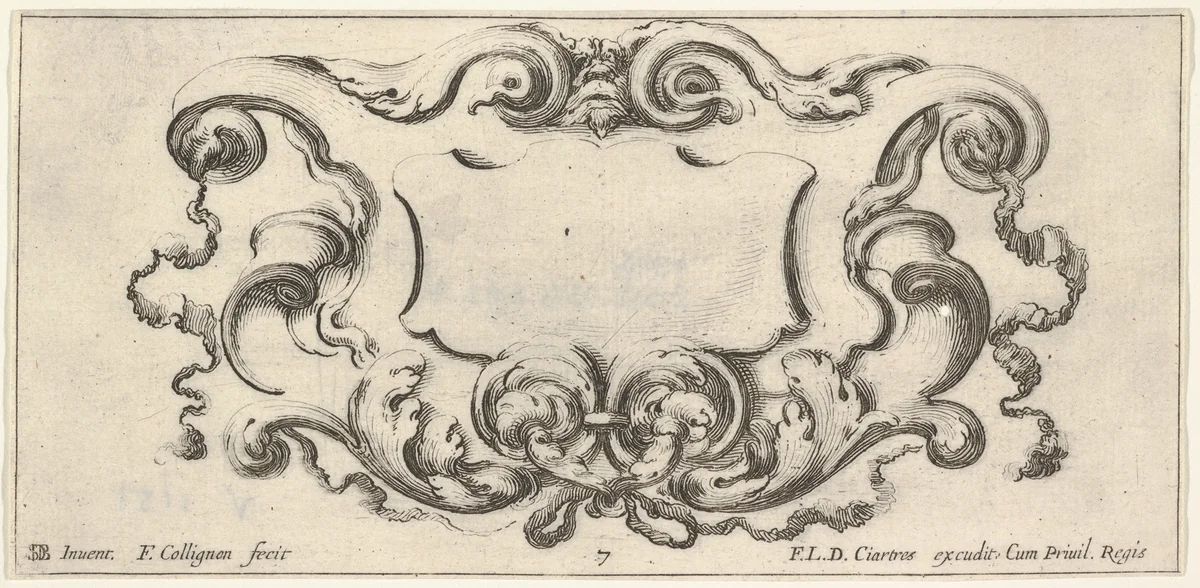 Plate 7: a cartouche with the mask of an ogre at top center, scrollwork to either side, from "Twelve cartouches" (Recueil de douze cartouches) by François Collignon, print, 1640-1645