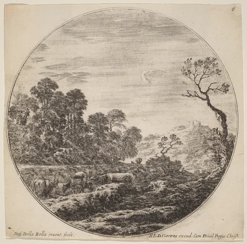 Cows Grazing in a Valley by Stefano della Bella, print, 1646