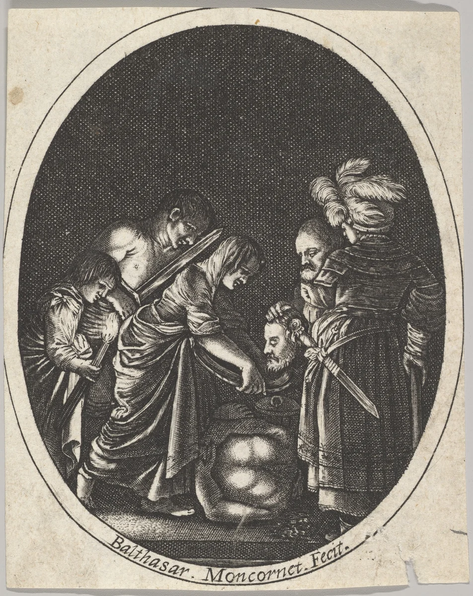 Salome receiving the head of John the Baptist, surrounded by three men and a child bearing a torch, the Baptist's body lies on the ground by Balthazar Moncornet, print, 1625-1668