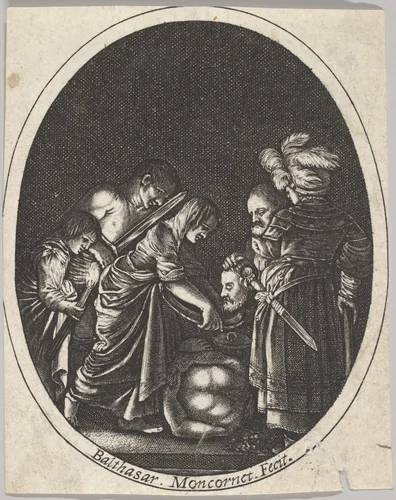 Salome receiving the head of John the Baptist, surrounded by three men and a child bearing a torch, the Baptist's body lies on the ground by Balthazar Moncornet, print, 1625-1668
