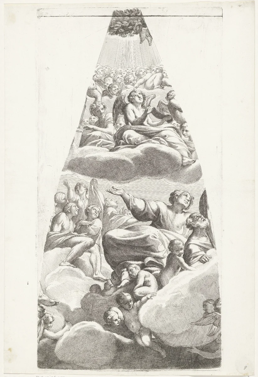 Een jonge heilige gezeten op een wolk met engelen by Carlo Cesio, print, 1636-1686