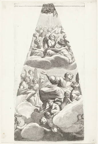 Een jonge heilige gezeten op een wolk met engelen by Carlo Cesio, print, 1636-1686