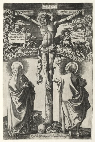 Christ on the cross between the virgin and St. John by Hans Brosamer, print, 1542