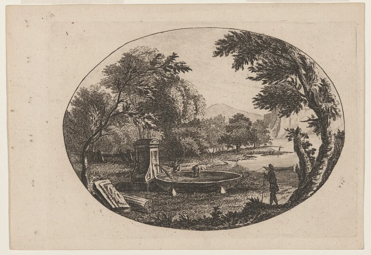Wooded Landscape with Drinking Spout and Basin by Paul Sandby, print, 1745-1755