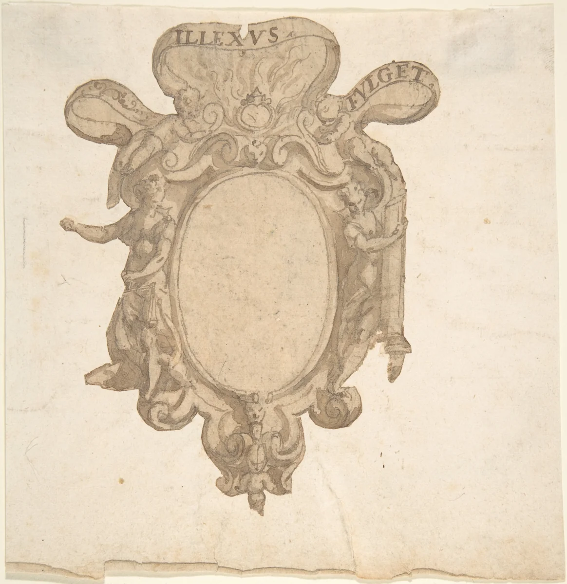 Design for a Coat of Arms Surmounted by a Ring with Allegorical Figures of Justice and Fortitude by anonymous, drawing, 1500-1699