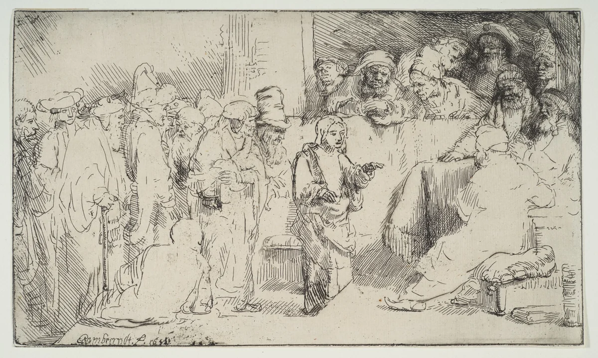Christ Disputing with the Doctors; a sketch by Rembrandt van Rijn, print, 1652