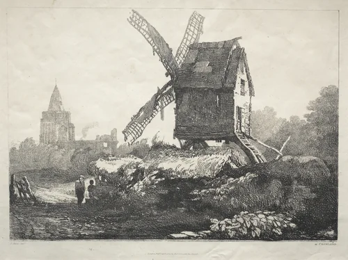 A Series of Ancient Buildings and Rural Cottages in the North of England: At Crowland, Windmill by Samuel Prout, print, 1821