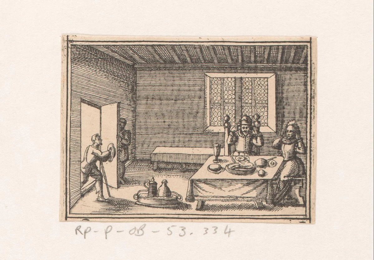 Man komt vertrek binnen waar man en vrouw met dichtgestopte oren aan tafel zitten by Daniel Sudermann, book, 1624