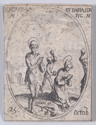 S. Chrisante et Ste. Darie, Sa Femme (St. Chrysanthus and St. Daria, His Wife), October 25th, from "Les Images De Tous Les Saincts et Saintes de L'Année" (Images of All of the Saints and Religious Events of the Year) by Jacques Callot, print, 1636