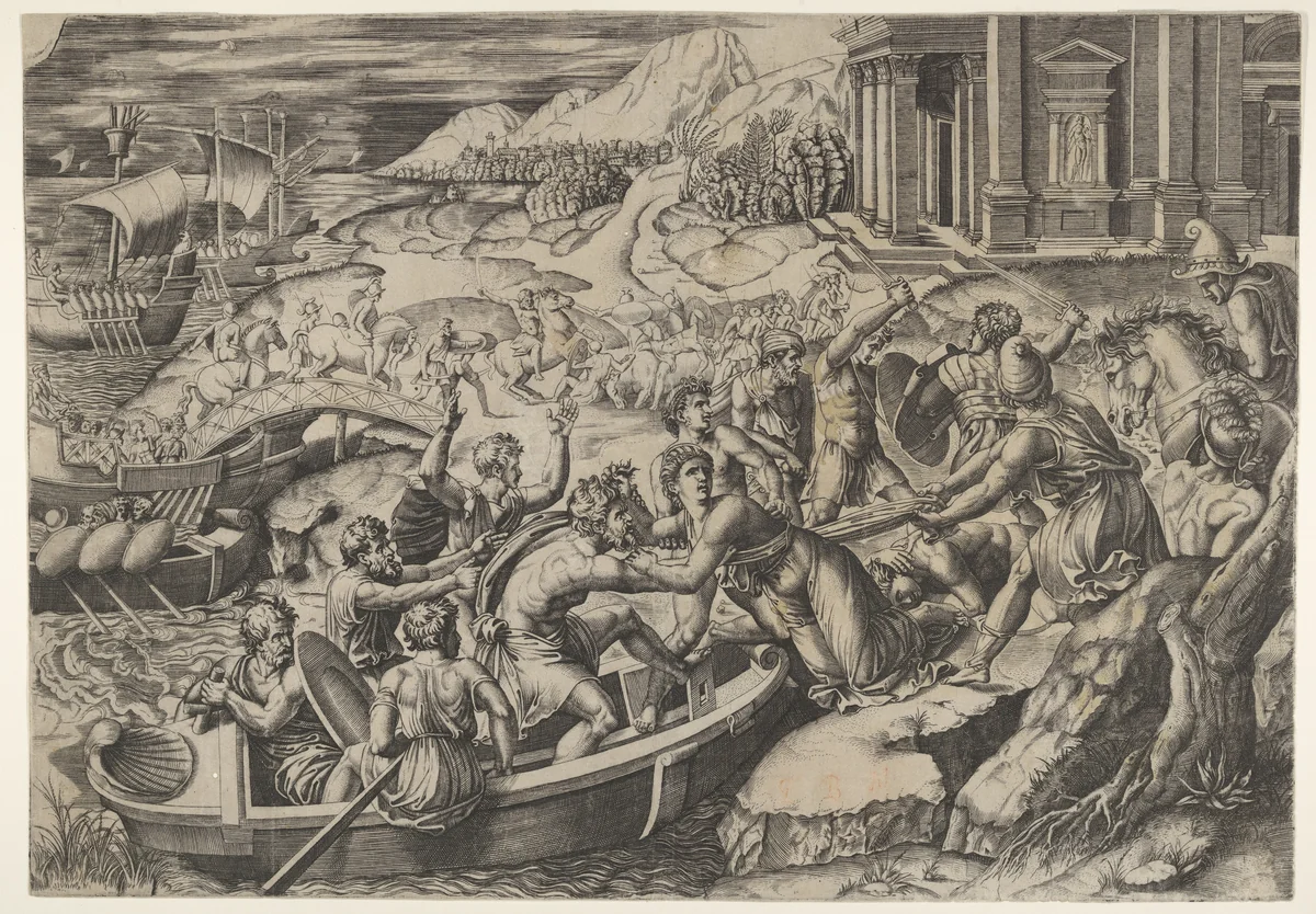 The abduction of Helen; battle scene on a shore with two men pulling Helen into a boat at center and another man pulling on her drapery in the opposite direction by Marcantonio Raimondi, print, 1515-1525