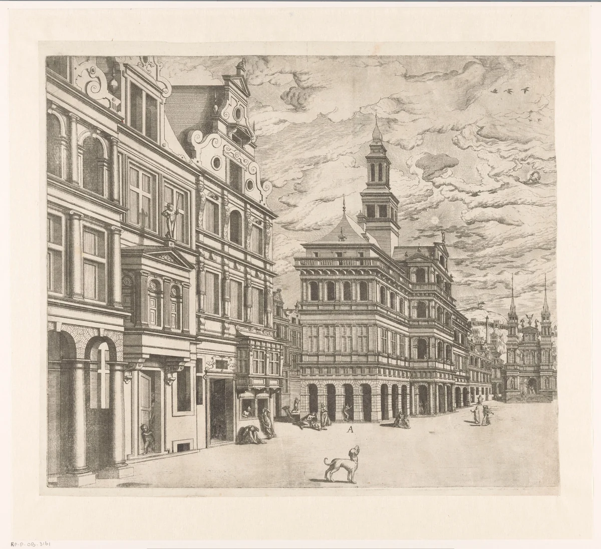 Gezicht op een plein met monumentale bouwwerken by Joannes van Doetechum, print, 1547-1578