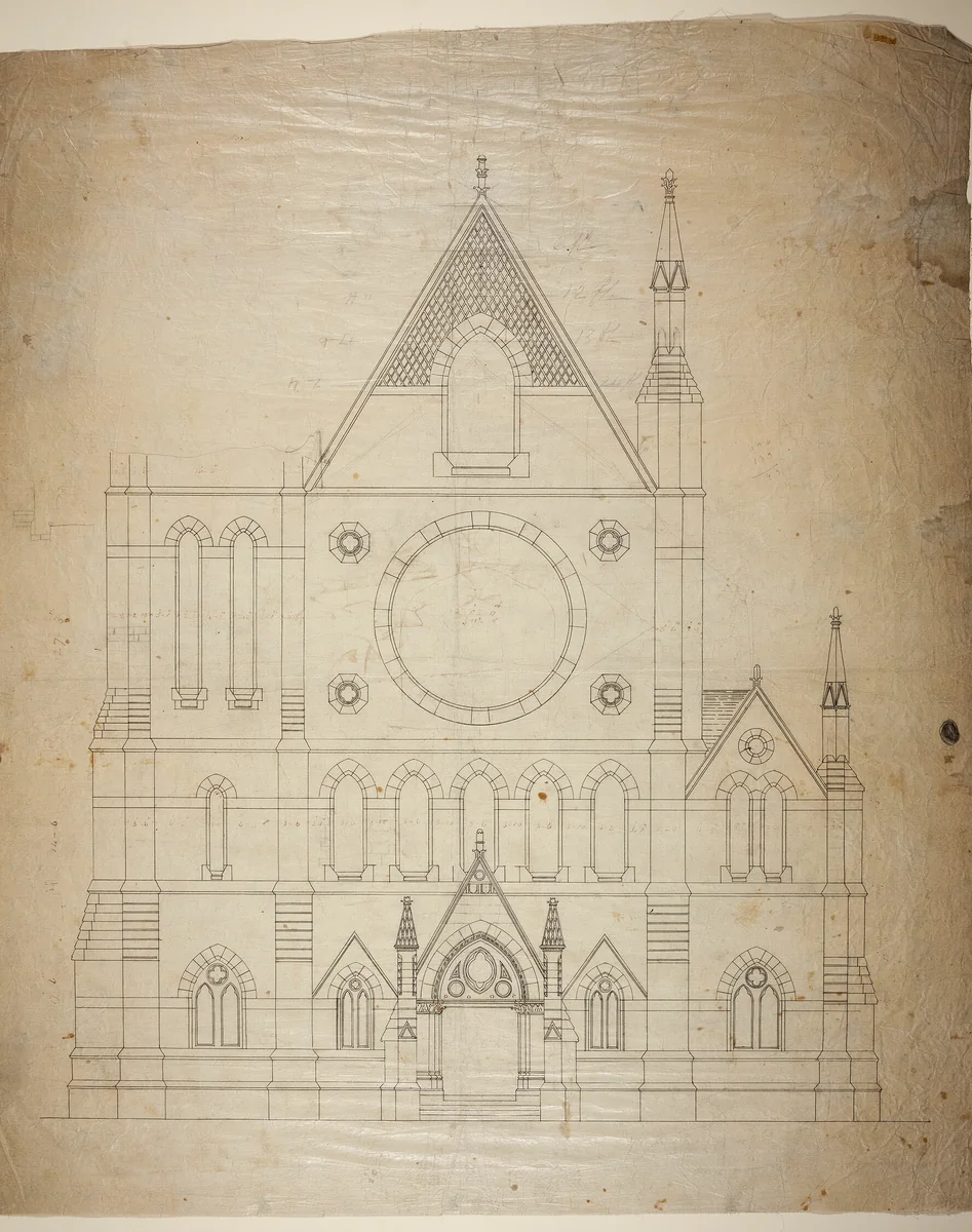 Second Presbyterian Church, Chicago, Illinois, East Elevation by Renwick and Sands, drawing, 1874