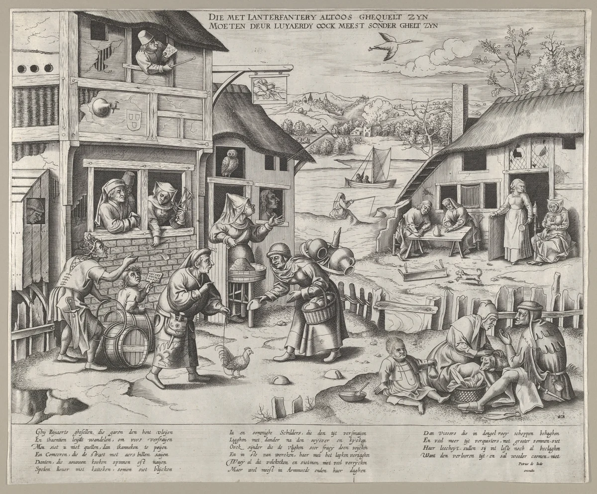 A Flemish Village with Ten Proverbs on Laziness by Frans Huys, print, 1530-1634