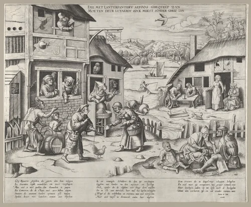 A Flemish Village with Ten Proverbs on Laziness by Frans Huys, print, 1530-1634
