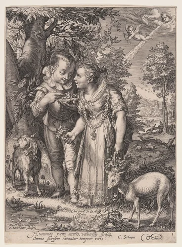 Spring (Two Children Playing with Bird), from The Four Seasons by Jan Saenredam, print, 1601