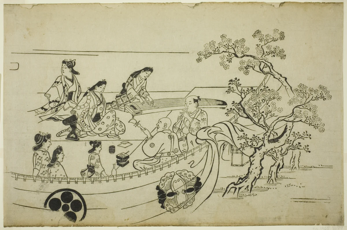 Flower-Viewing Party with Crest-Bearing Curtain, from the series "Flower Viewing at Ueno (Ueno hanami no tei)" by Hishikawa Moronobu (菱川師宣), print, 1676-1689